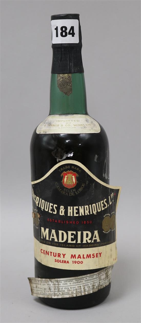 A bottle of Henriques and Henriques Madeira century Malmsey 1900